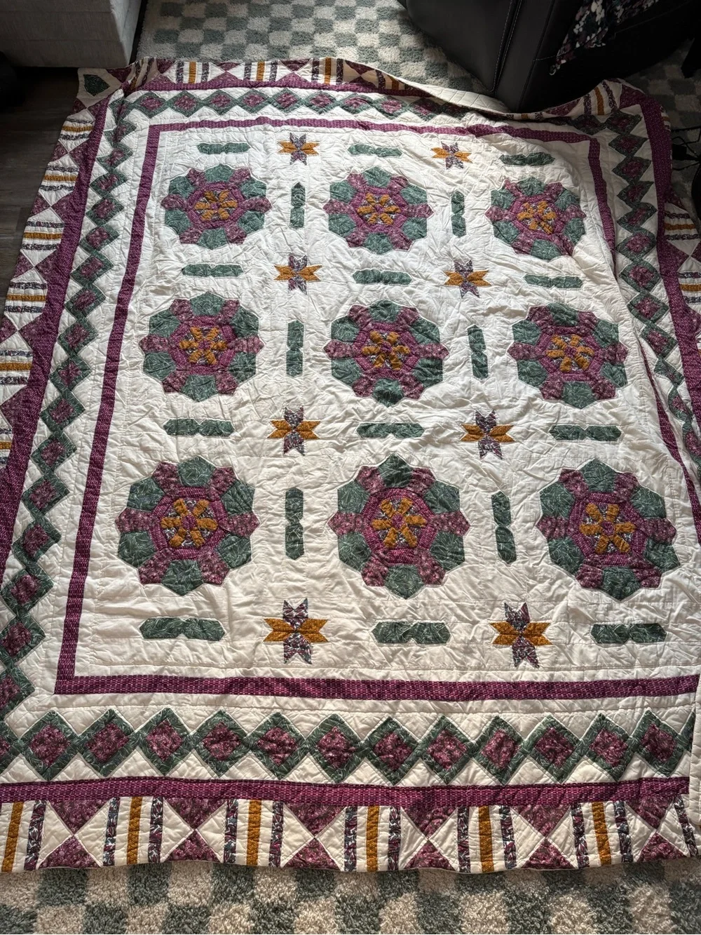 Vtg 90s Reproduction Quilt Patchwork Floral Medallion Queen Cotton Purple Green